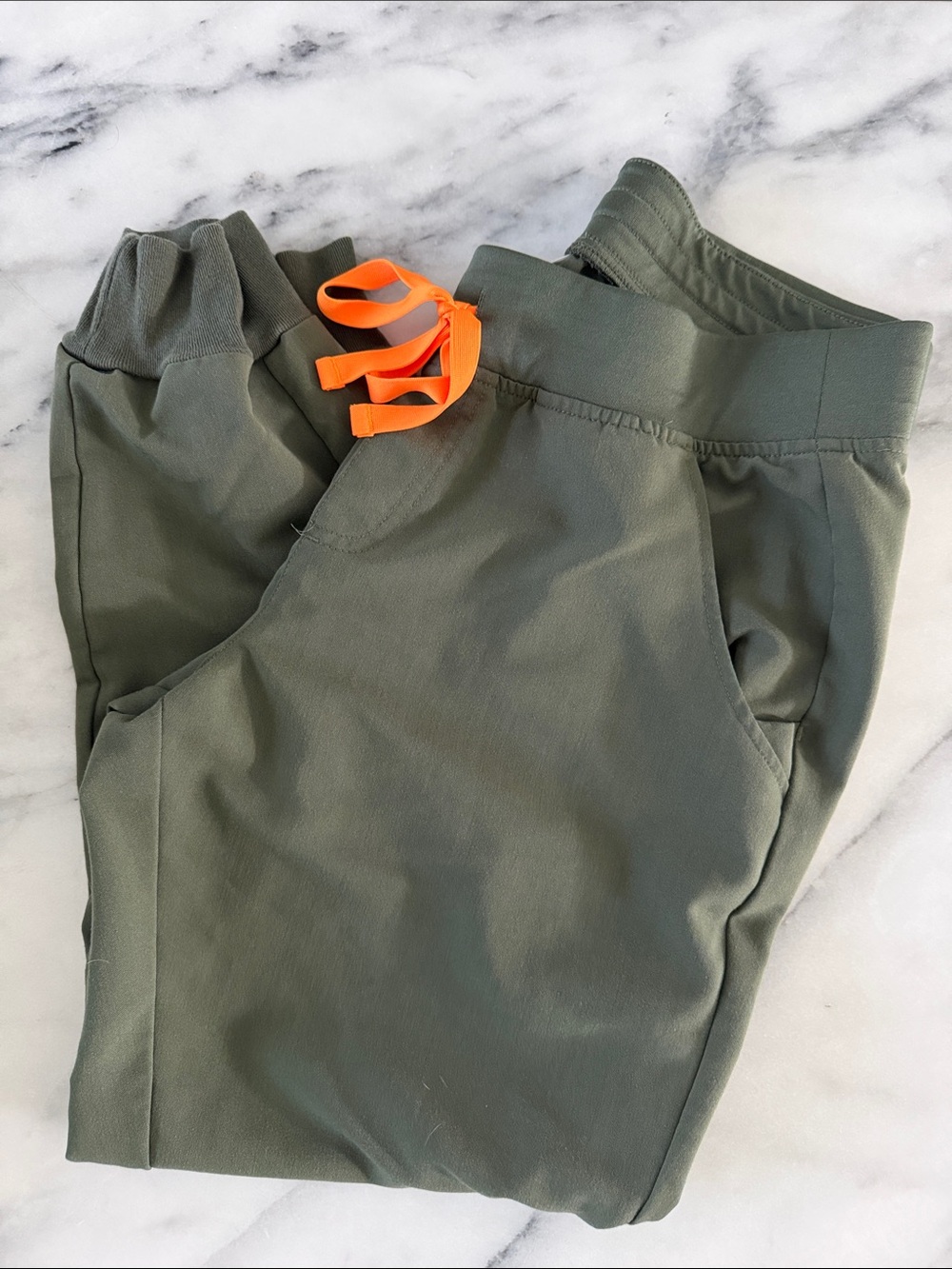 Olive Green Figs Scrubs Jogger Pants with Orange Drawstring in MP